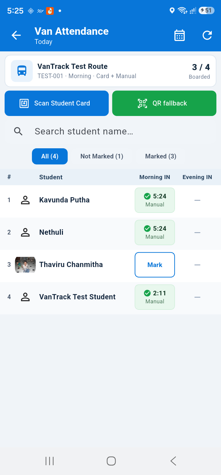 WST VanTrack Driver Attendance screen